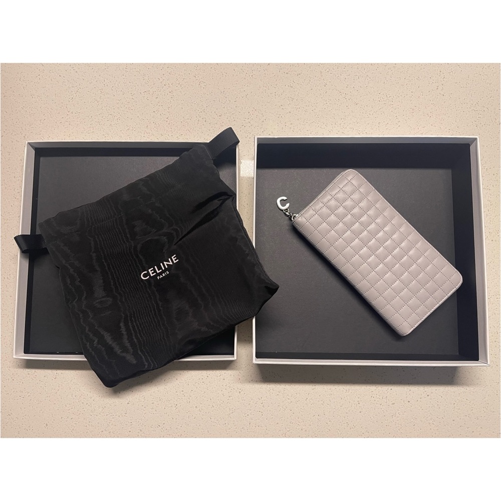 Celine - Quilted Calfskin C Charm Zipped Wallet in Light Grey